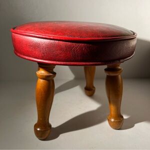 Mid Century Round Burgundy Vinyl Ottoman Footstool Wood Legs 11.5”